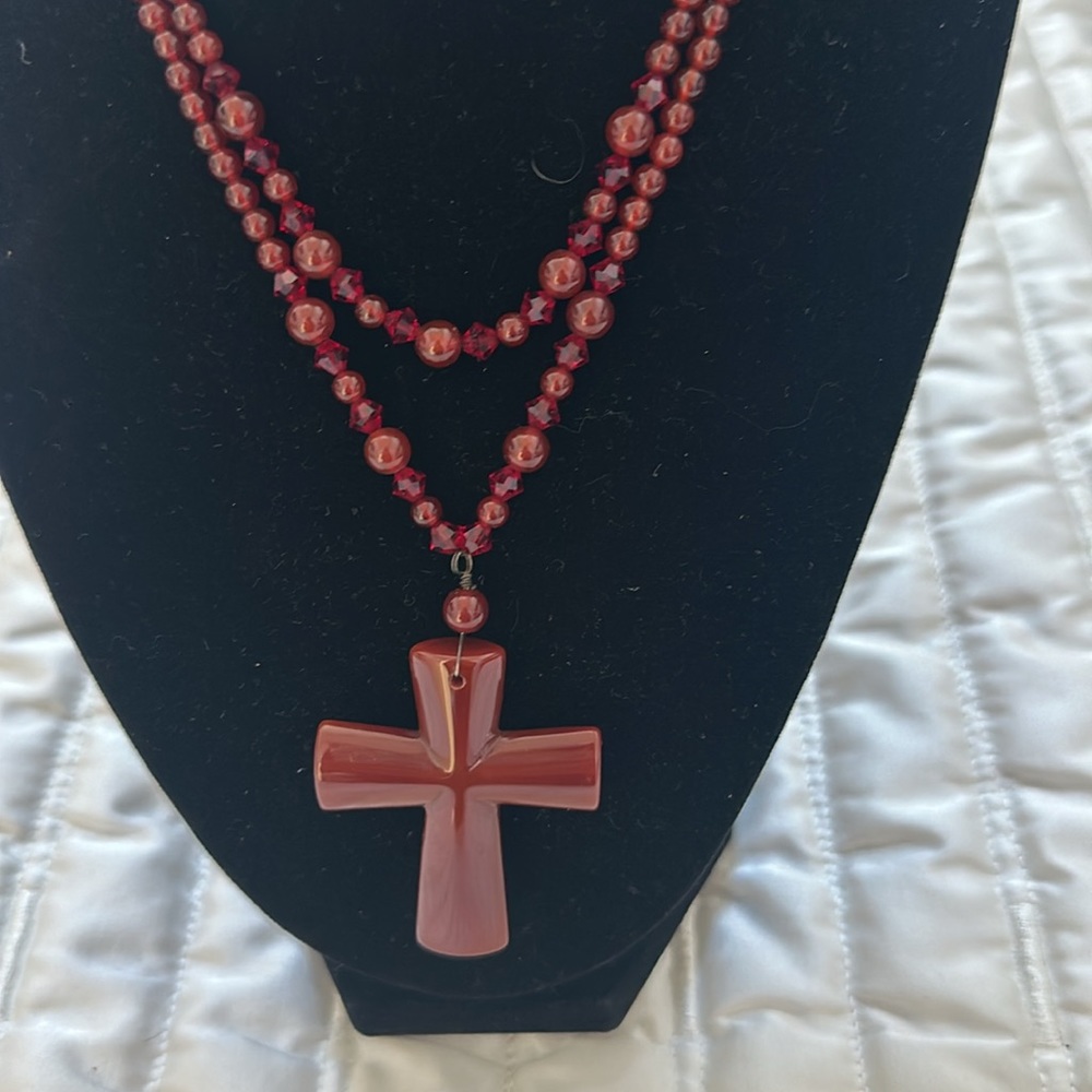 Garnet bead necklace with cross